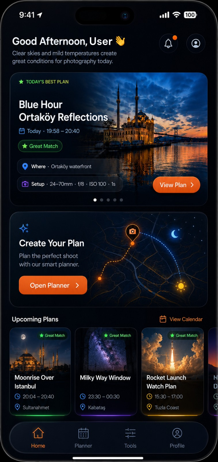 Photo Expert home screen showing today's best shooting plan, a smart planner and upcoming plans.